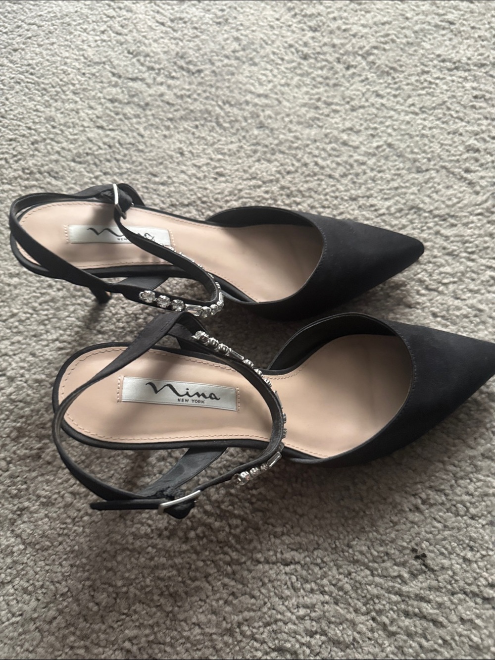 Nina New York Black Pointed Toe Slingback Heels with Crystal Strap